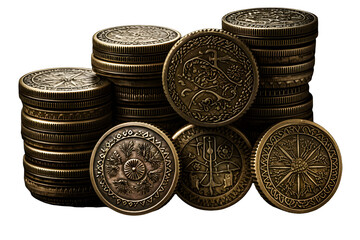 Stack of ancient bronze coins with embossed patterns, soft aged patina, Isolated to Transparent Background