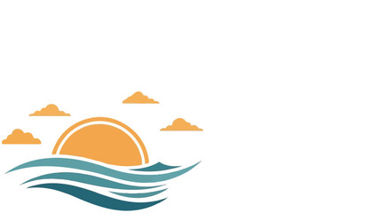 Fototapeta premium A simple graphic illustration depicting a sunrise or sunset over ocean waves with scattered clouds