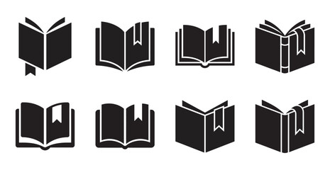 Fototapeta premium A collection of black silhouette icons representing open books with bookmarks for various uses
