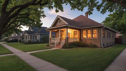 Fototapeta premium Warmly Lit Bungalow in a Tree-Lined Suburban Street at Dusk