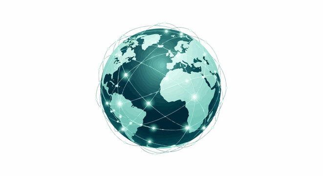 A teal and blue globe with an interconnected network of lines and glowing points, symbolizing global communication