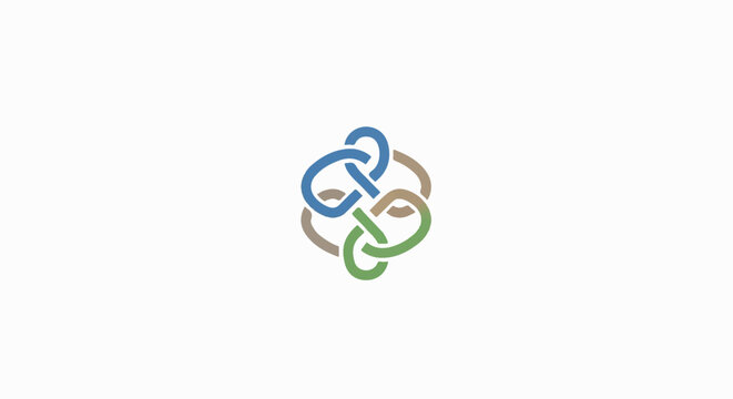 Abstract interwoven knot pattern in blue, brown, and green on a clean white background
