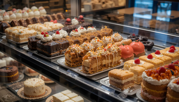 A display case full of desserts, including cakes and pastries. The desserts are arranged in a way...