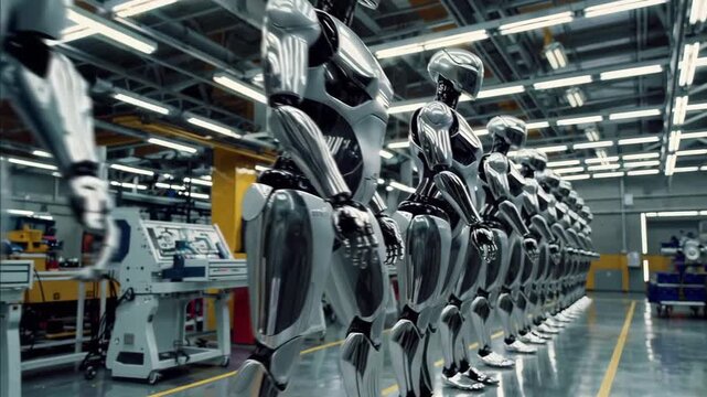 Humanoid robots In a high-tech factory. Artificial intelligence, automation, future