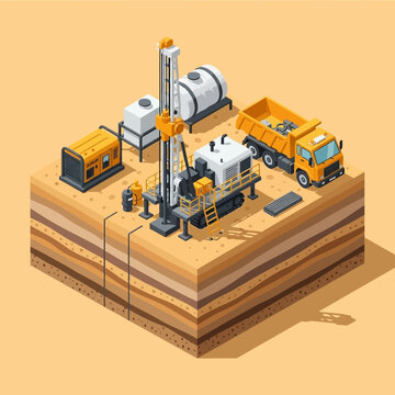Isometric representation of a drilling rig and associated equipment on a layered ground.