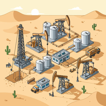 Oil field with derricks, pumpjacks, and storage tanks in a desert landscape.