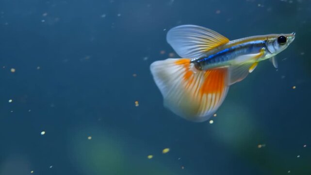 Albino ribbon fin guppy underwater swimming in a blue aquarium displaying its vibrant fins with a natural habitat background