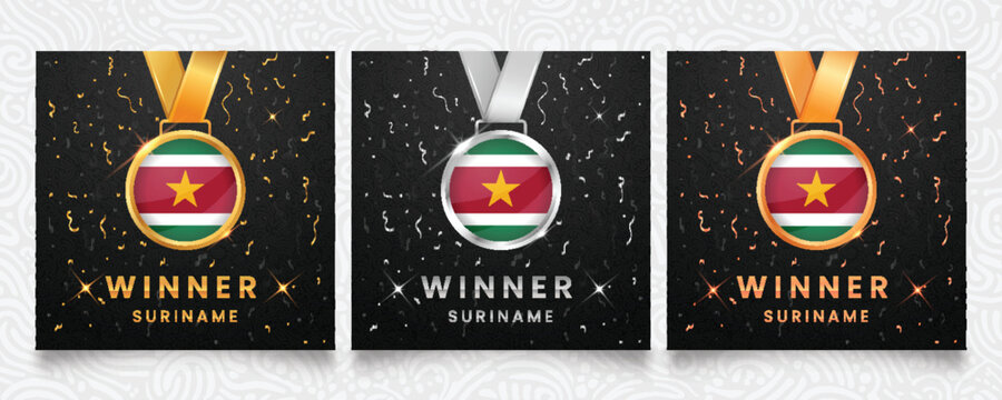 Celebrate Suriname's victory with this premium set of gold, silver and bronze winner medals featuring the national flag design, set on a dark background with festive confetti and sparkles