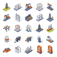 Obraz premium Collection of Industrial Equipment and Machinery Icons in Isometric Style.