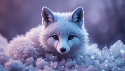 Obraz premium cute arctic fox portrait lying among frozen ice crystals