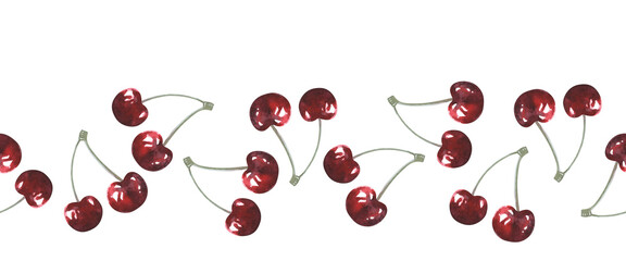 Watercolor seamless border cherry isolated on white background. Fresh berry hand drawn watercolor illustration. Wallpaper rim. For textile, decor, clipart, 