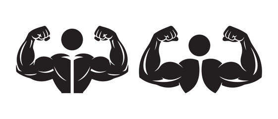 Muscle Icons. Two Muscular Men Flexing Biceps, Black Silhouette Symbol for Strength, Fitness, Gym, and Bodybuilding.