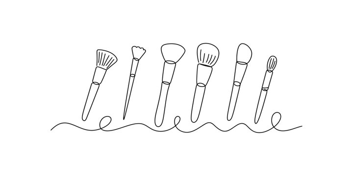 Continuous line drawing of six makeup brushes for beauty applications Vector, illustration