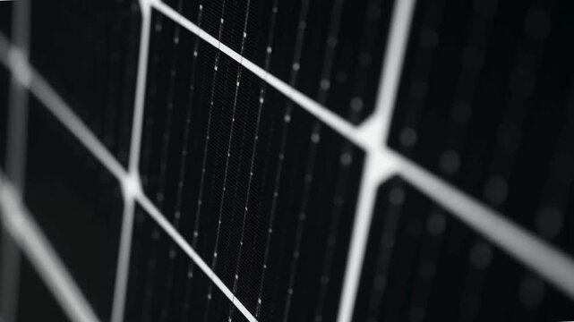 Macro Texture of Polycrystalline Silicon Solar Cell showing Photovoltaic Wafer Grid and Sun Flare Reflection for Clean Energy Technology