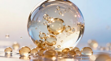 Fototapeta premium Ultra-Realistic 3D Rendering of Transparent Moist Spherical Decomposition with Pale Golden Bubbles, Cinematic HDR Lighting for Futuristic Makeup Essence Scene