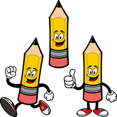 Pencil Mascot Set 01, Hand Drawn illustrations of Pencil Mascots in various poses.