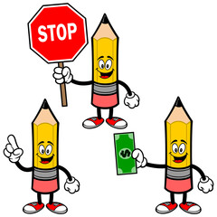 Pencil Mascot Set 03, Hand Drawn illustrations of Pencil Mascots in various poses.
