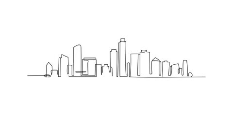Fototapeta premium Continuous line drawing of a modern city skyline against a white background Vector, illustration