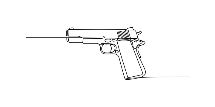 A minimalist continuous single line art drawing of a classic handgun pistol Vector, illustration