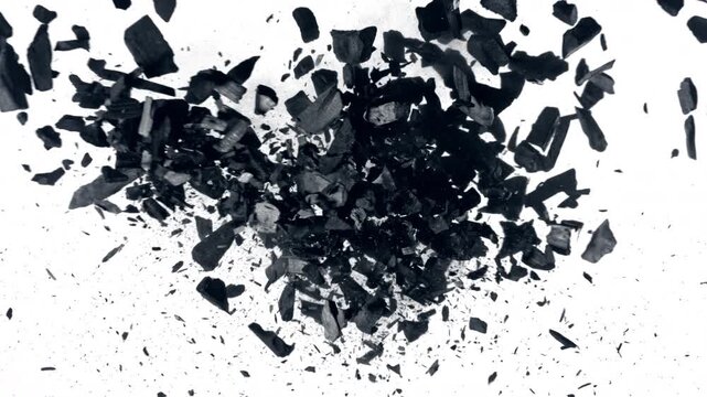 Super Slow Motion Flying and Colliding Charcoal Isolated On White Background at 1000 fps.