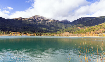 Lake Doxa in Corinthia with Mount Helmos background, Greece