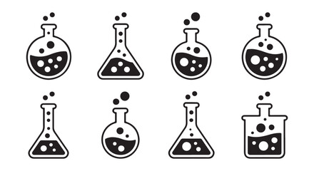 Science Lab Glassware Icons. Beakers and Flasks with Bubbles, Chemistry Research Symbols, Vector Illustration.
