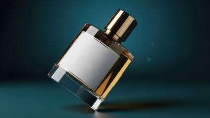 Luxury perfume bottle with gold cap on dark teal background, elegant fragrance packaging