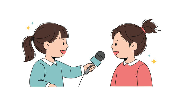 Two young girls engaged in an interview where one holds a microphone and the other speaks with a happy facial expression.