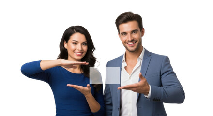 A smiling man and woman in business attire presenting a transparent background on a black background