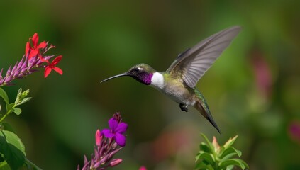 Male purple-throated mountaingem hummingbird swiftly darts among flowers in Curi Cancha Nature Reserve, Puntarenas, Costa Rica