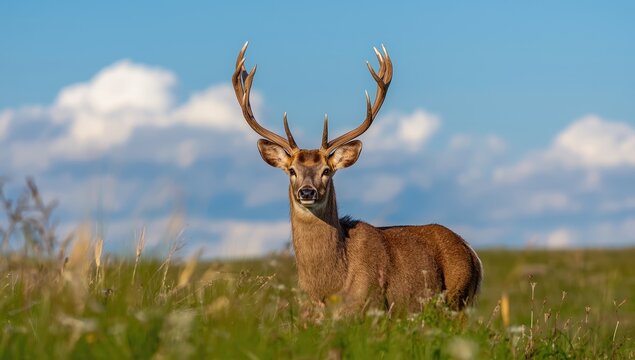 Male roe deer in enchanting green meadows, European wildlife during rutting season in the Czech Republic