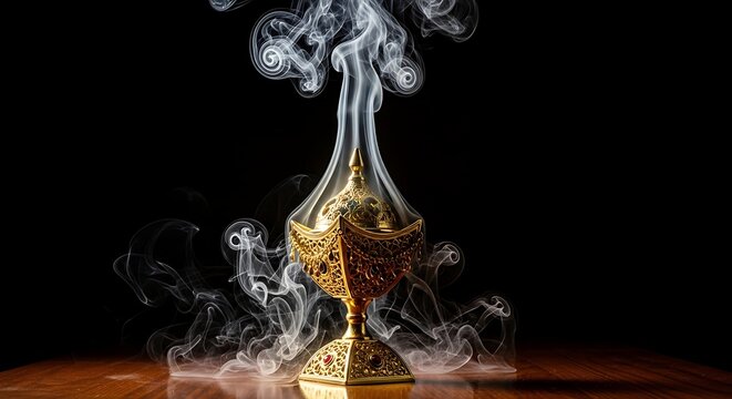Golden incense burner with rising white smoke on wooden table against black background setting