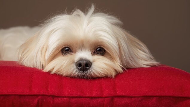 Maltese dog lounging on a crimson cushion