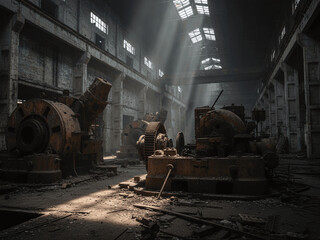 Fototapeta premium Abandoned Industrial Factory Interior with Large Rusty Machinery and Dramatic Light Rays