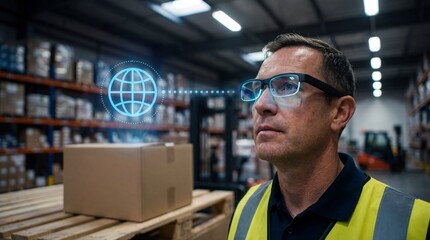 Man wearing augmented reality glasses in a warehouse, displaying a digital globe interface for logistics and inventory management