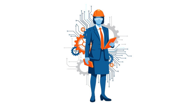 Illustration of a scientist in a business suit and hard hat standing confidently with a gear behind, representing International Day of Women and Girls in Science, with a modern design and