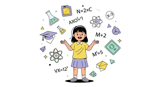 Illustration of a little girl surrounded by science-related icons and symbols on a clean white background, representing the international day of women and girls in science.