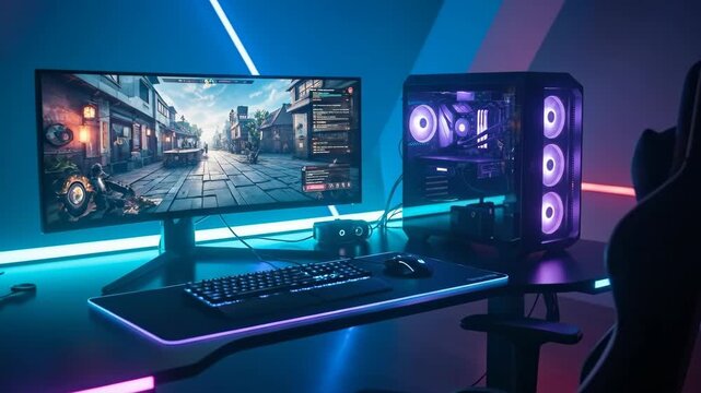 Playing A Modern Gaming Setup In A Neon Room