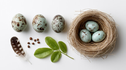 Obraz premium Nest full of eggs surrounded by seeds, a leaf, and a feather. Perfect for spring, nature, parenting, or new beginnings concepts.