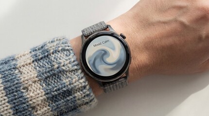 Close-up of a person's wrist wearing a modern smartwatch with a swirling abstract screen display