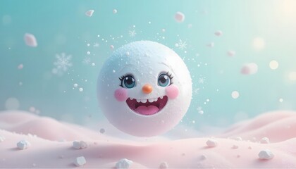 Obraz premium cute smiling snowball character on pink snowy field illustration
