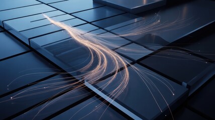 Obraz premium Abstract 3D render of data flow across dark metallic square panels, glowing light trails representing digital information transfer