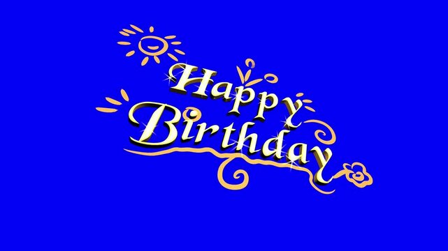 Animated 3d golden happy birthday text with stars and sun on blue screen background for celebration