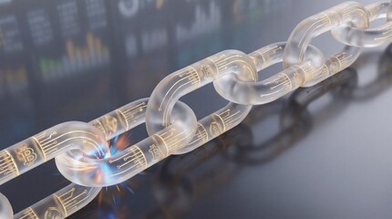 Futuristic digital blockchain network structure connecting transparent chain links with glowing elements and financial data in background