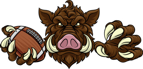 Obraz premium A wild boar, hog razorback warthog pig mean tough cartoon sports mascot holding an American football ball