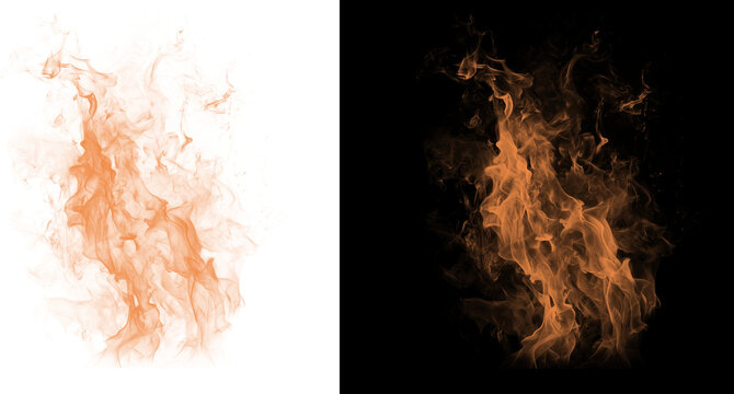 Vibrant orange smoke swirling on white and black backgrounds isolated on transparent background
