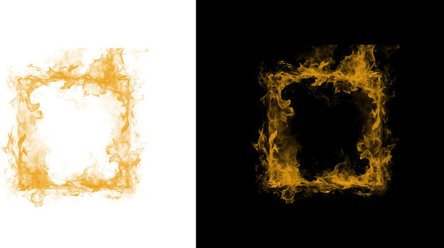 Golden flame square frame on white and black backgrounds isolated on transparent background