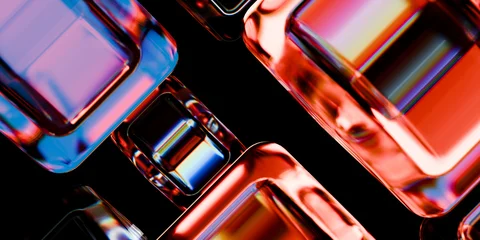 Fotobehang Karaktertjes Abstract futuristic dispersion glass shapes cube with neon reflections glossy transparent panels and curved ribbons on dark tech background technology wallpaper 3d rendering  © IM_VISUALS