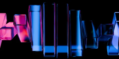 Dark Abstract futuristic dispersion glass shapes cube with neon reflections glossy transparent panels and curved ribbons on dark tech background technology wallpaper 3d rendering © IM_VISUALS