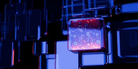 Cyber elements super computer chip in glass and liquid acrylic purple blue glow on black backdrop cinematic tech background design cover art visuals 3d rendering © IM_VISUALS